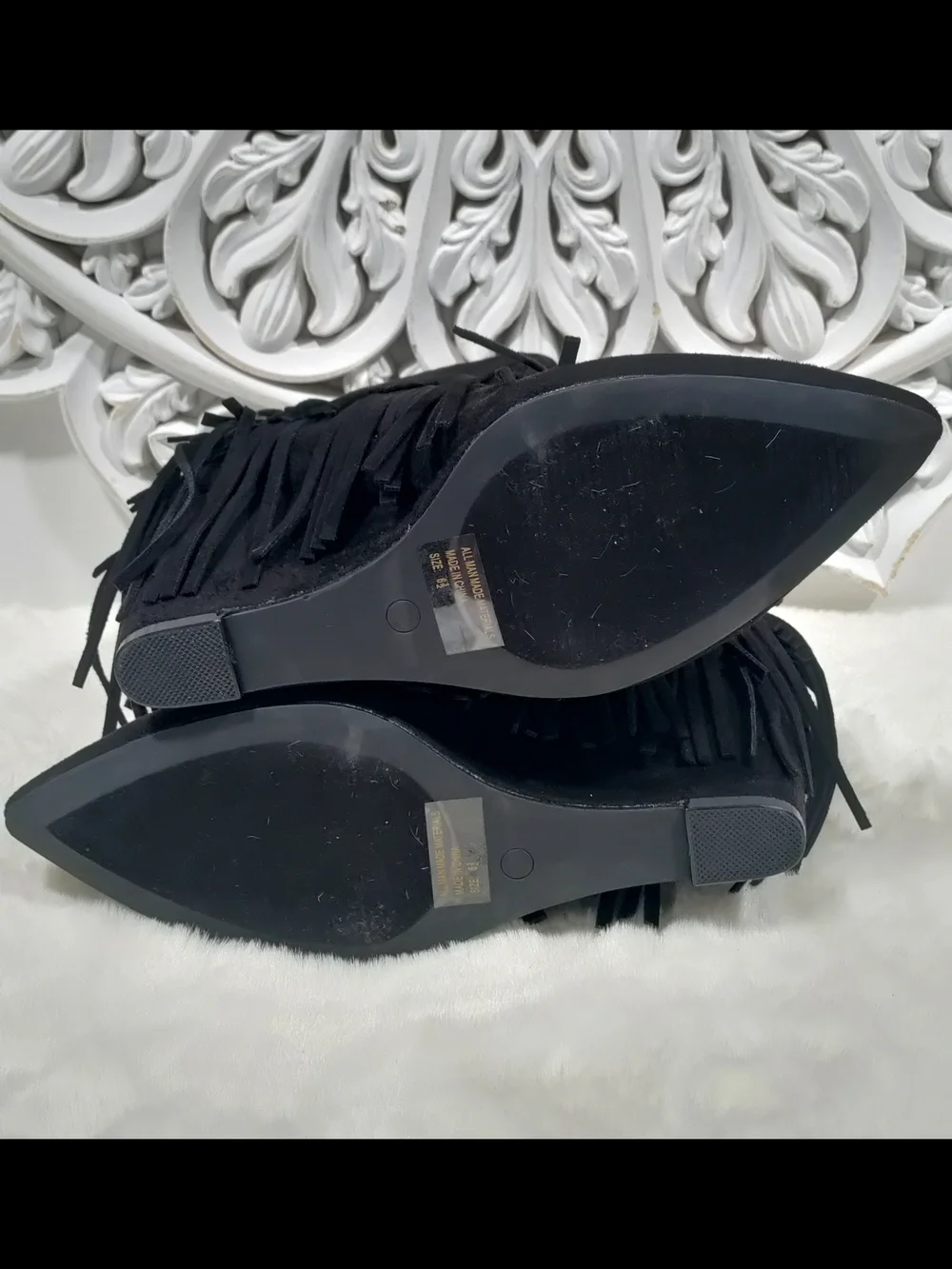 Wild Diva Black Vegan Suede Fringe Wedge Booties-Size 6.5